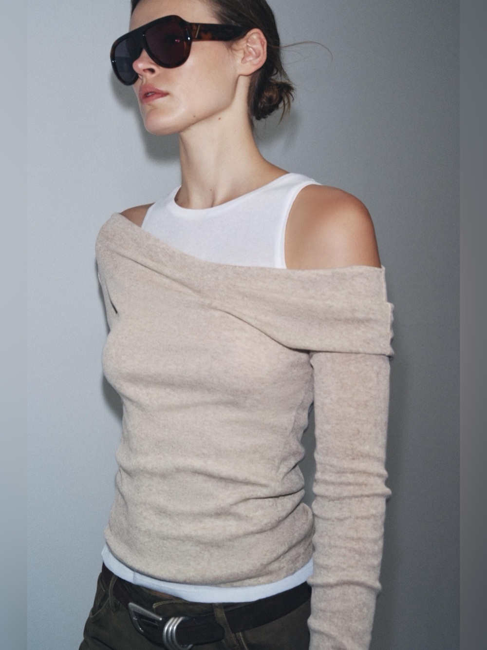 Zara Asymmetric Layered-effect Off-Shoulder Long Sleeve Women's Top